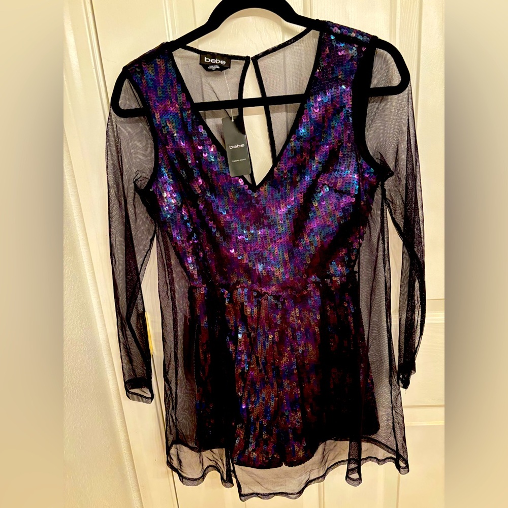 Bebe Multicolor Sequin Mesh Romper shorts with hand embellished sequins-Sheer